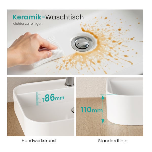 EMKE Waschbecken 50x40 cm, Keramik Weiß, Wand- oder Aufsatzmontage, Mit Hahnloch, R-Kantenschutz, für Badezimmer