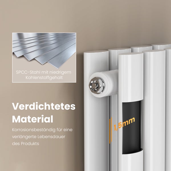 EMKE Heizkörper 1600×240 mm, Vertikal, Doppelrohr-Ovalprofil, Weiß glänzend, 623 W, Warmwasser, Mittelanschluss, für Badezimmer
