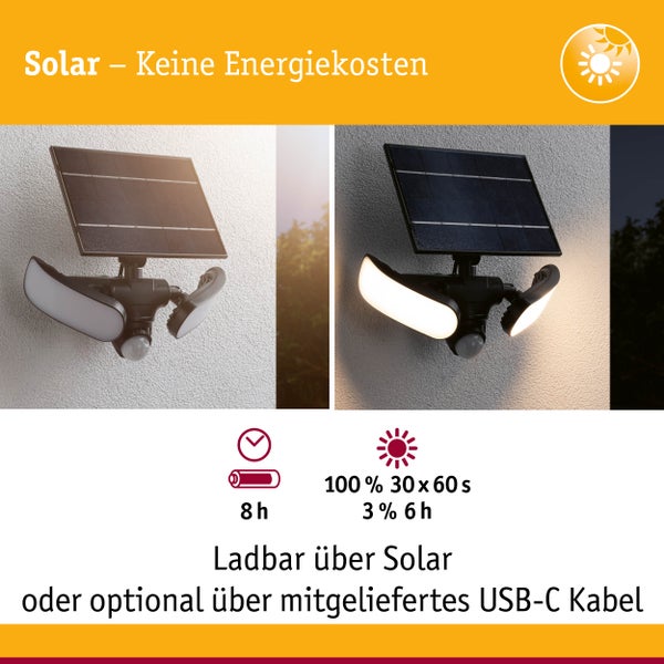 Solar LED Wandfluter Sonlig Dämmerungsgesteuerter Bewegungsmelder (IR) IP65 eckig 286x137mm 3000K 2x9W 2x1100lm 3,7V Anthrazit Kunststoff