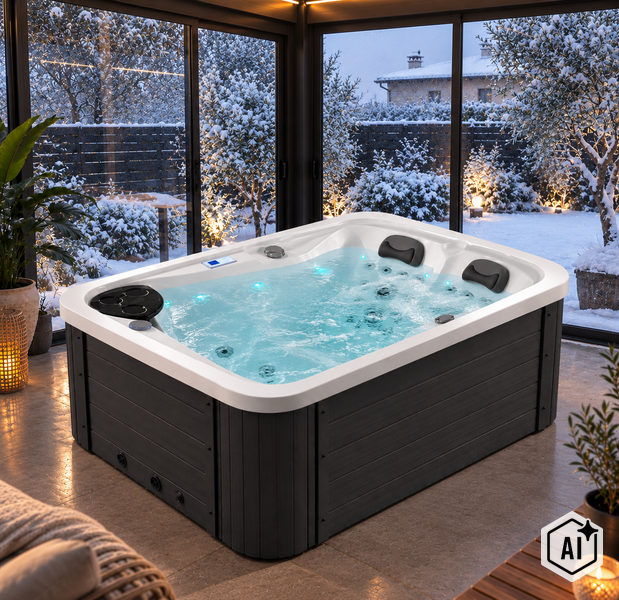 Rechteckiger Whirlpool mit integrierter LED Beleuchtung in einem Wintergarten mit Blick auf einen verschneiten Garten.