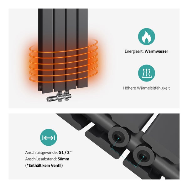 Heizkörper Details: Energieart Warmwasser, höhere Wärmeleitfähigkeit, Anschlussgewinde G ein halb Zoll, Anschlussabstand 50 Millimeter. Ventil nicht enthalten.