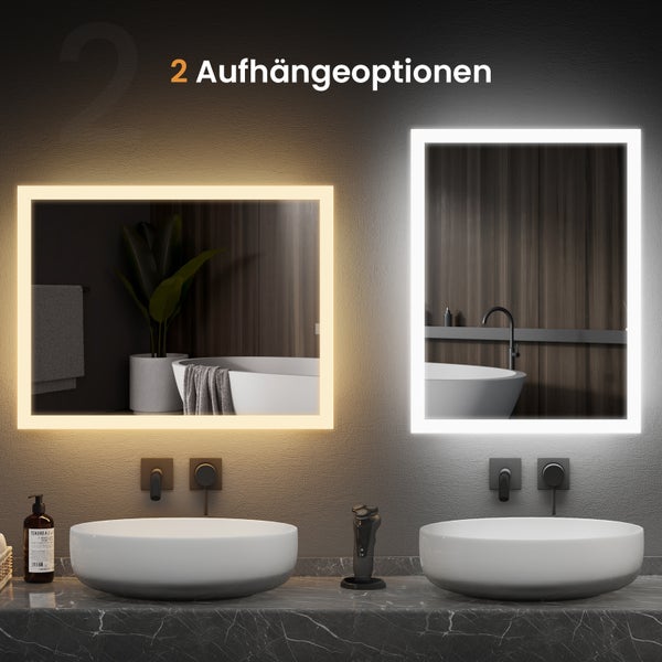 Zwei beleuchtete Spiegel mit unterschiedlichen Aufhängeoptionen über Waschbecken im Badezimmer