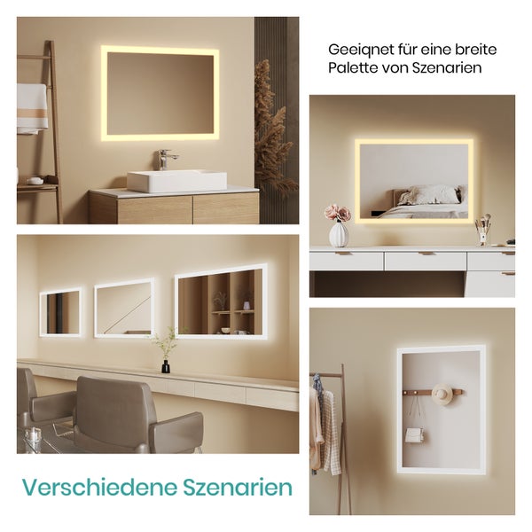 EMKE Badspiegel mit LED-Beleuchtung 70 x 50 cm, beschlagfrei, rostfreier Spiegel, Warmweiß/Kaltweiß, seitlicher Kippschalter, mattierter Rand, IP44, für Bad