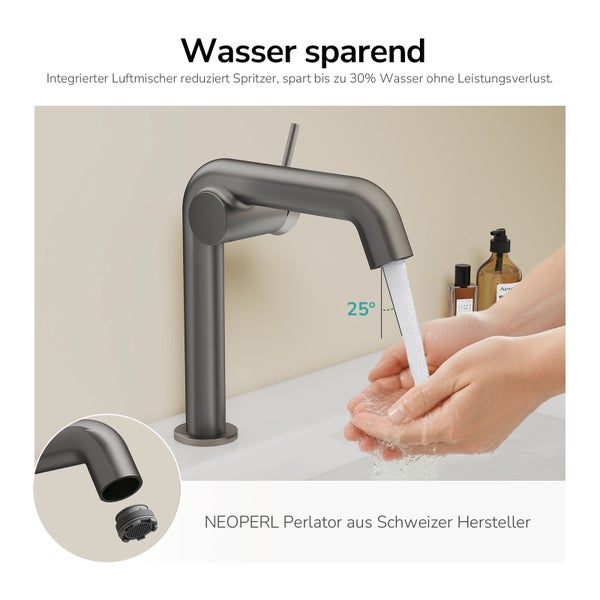 Wasserhahn mit Wasserstrahl und Neoperl Strahlregler vom Schweizer Hersteller