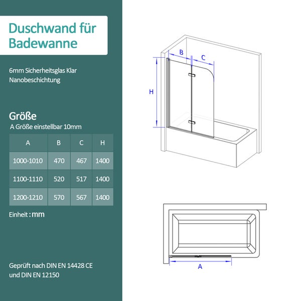 EMKE Badewannenaufsatz 2-teilig 100 x 140 cm – Duschwand für Badewanne, faltbar, mit Nano-Beschichtung zur einfachen Reinigung, 6mm ESG Glas