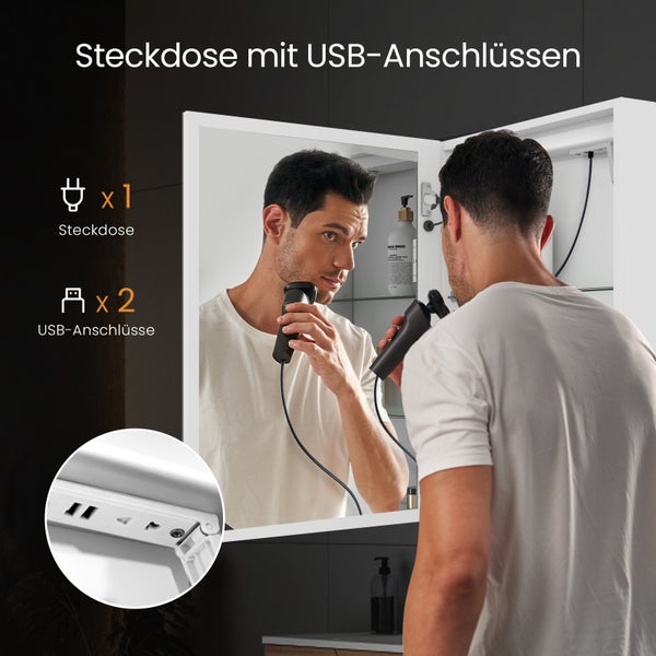 EMKE Spiegelschrank Bad mit Beleuchtung 50L x 70H x 14,5T cm, Badezimmerschrank mit LED Beleuchtung, Weiß, Touchschalter, 3 Lichtfarben, beschlagfrei, Steckdose & USB, Ablage, für Badezimmer