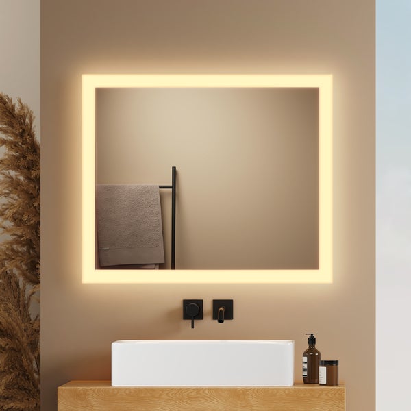 EMKE LED Badspiegel 60×50 cm, Warmweiß/Kaltweiß, seitlicher Kippschalter, beschlagfrei, IP44, mit mattiertem Rand, für Badezimmer