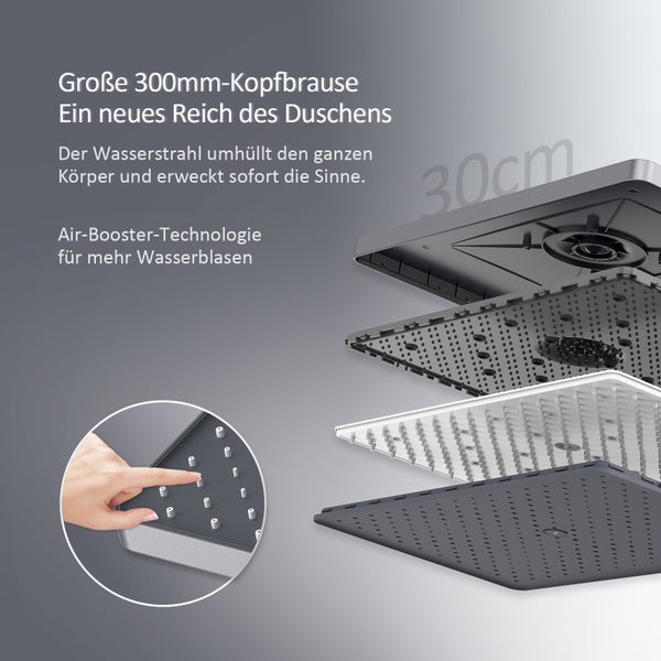 EMKE Duschsystem mit Thermostat, Regendusche & Handbrause mit 3 Strahlarten, Glasablage, Verbrühungsschutz, KTW-zertifiziert, Wandmontage, Anthrazit Matt