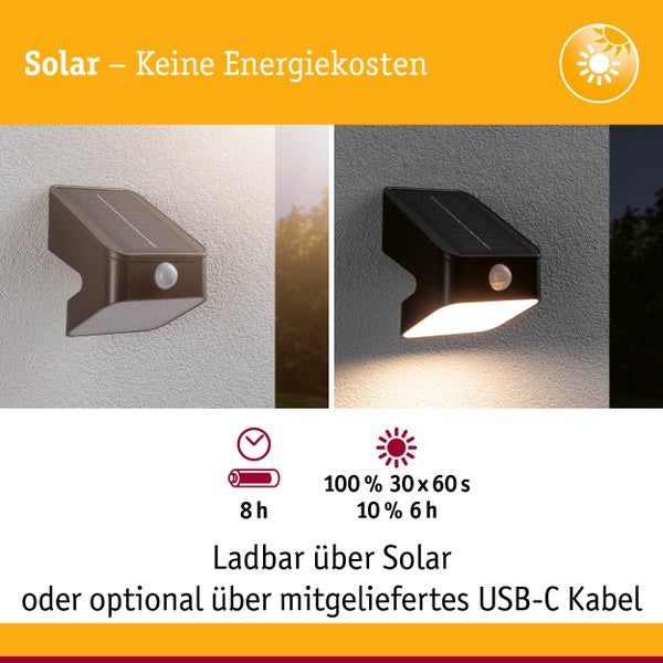 Solar LED Wandfluter Lesly Dämmerungsgesteuerter Bewegungsmelder (IR) IP65 eckig 113x126mm 3000K 5,5W 400lm 3,7V Anthrazit Kunststoff