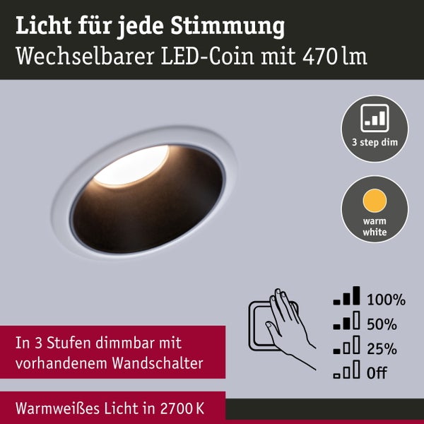 LED Einbauleuchte 3-Step-Dim Cole Coin 3er-Set IP44 rund 88mm Coin 3x6W 3x470lm 230V dimmbar 2700K Weiß, Schwarz matt