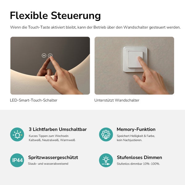 Infografik zur flexiblen Steuerung eines LED-Badezimmerspiegels mit Touch-Funktion, Wandschalter-Unterstützung, Memory-Funktion und IP44-Schutz.