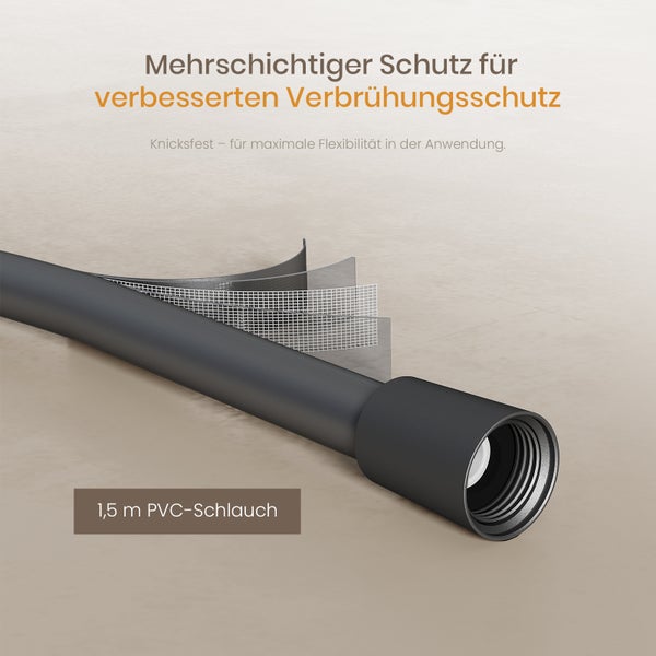 1.5 meter langer PVC-Schlauch mit verbessertem Verbrühungsschutz und maximaler Flexibilität