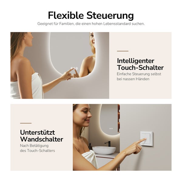 LED-Badezimmerspiegel mit Beschlagschutz, Touch-Bedienung und hoher Farbwiedergabe. Eine Frau nutzt den beleuchteten Spiegel in einem hellen Badezimmer.