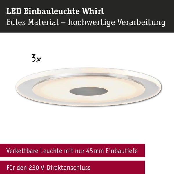 Dreier-Set LED Einbauleuchten Whirl, verkettbar, 45 Millimeter Einbautiefe, für 230 Volt Direktanschluss.