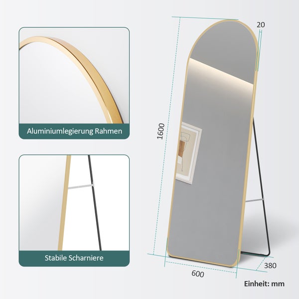 EMKE Bogen Standspiegel Ganzkörperspiegel mit Rahmen aus Aluminiumlegierung für Wohn-,Schlaf-, Aufenthalt und Ankleidezimmer, Gold, 160x60cm