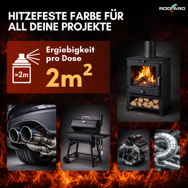 Hitzefeste Farbe von Rodaro für Kamin, Grill, Auspuff und Motor mit einer Reichweite von zwei Quadratmetern pro Dose.