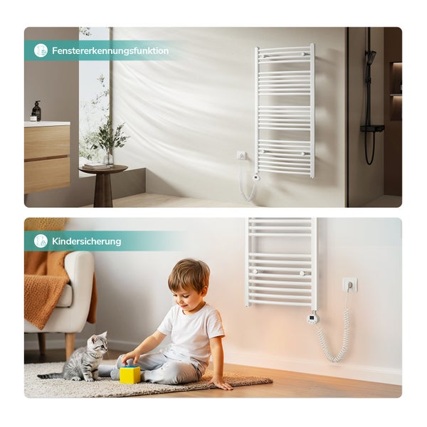 Zwei Szenen mit einem elektrischen Heizkörper, der über eine Fenstererkennungsfunktion und eine Kindersicherung verfügt.