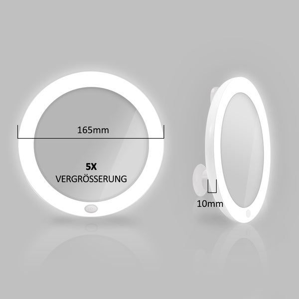 EMKE Kosmetikspiegel Ø16,5 cm, Weiß, 5-fach Vergrößerung, Beleuchtung mit Knopfschalter, Batteriebetrieben, mit magnetischer Rückseite, tragbar