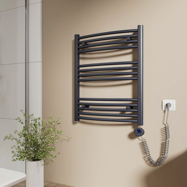 EMKE Elektrischer Badheizkörper 75x60 cm, Gebogener Handtuchwärmer mit Heizstab, Thermostat & Timer, 300W, Anthrazit, für Badezimmer geeignet