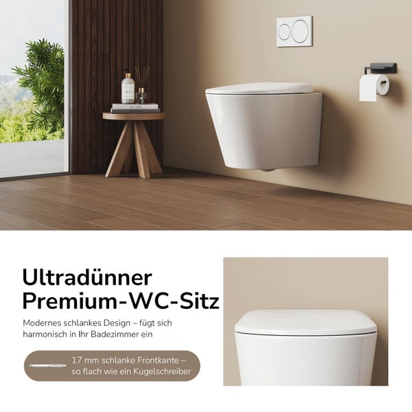 Modernes Badezimmer mit wandhängendem WC und ultradünnem Premium-WC-Sitz, 17 Millimeter schlanke Frontkante im Vergleich zu einem Kugelschreiber.