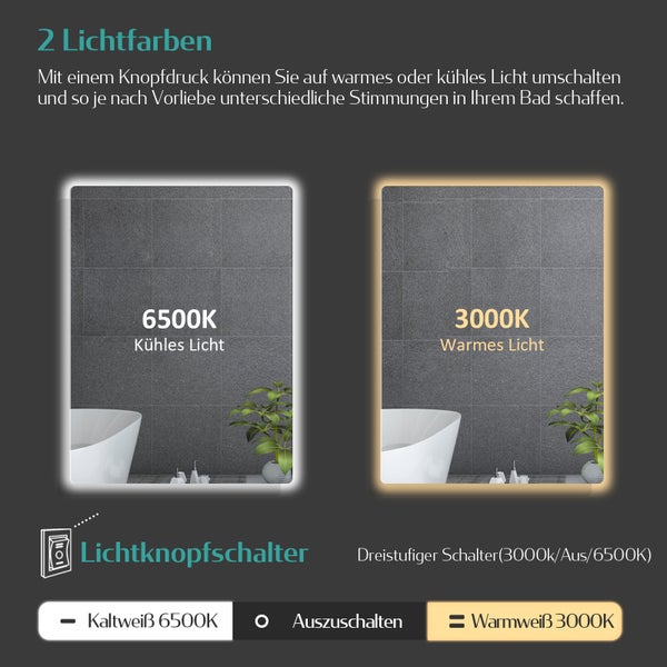 Darstellung eines Badezimmerspiegels mit zwei verschiedenen Lichtfarben: kaltweißes Licht mit 6500 Kelvin und warmweißes Licht mit 3000 Kelvin. Ein Lichtknopfschalter ermöglicht die Auswahl der Lichtfarbe.