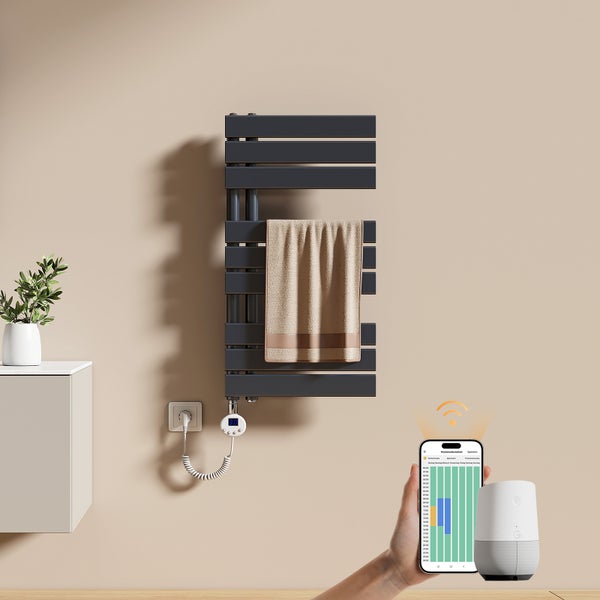 Elektrischer Badheizkörper in Dunkelgrau mit Handtuchhalter, Steuerung per Smartphone-App und Smart Speaker.
