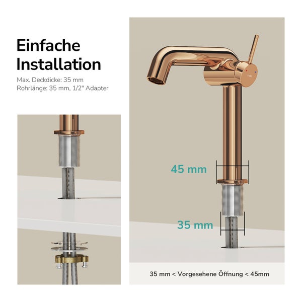 Armatur mit Hinweisen zur einfachen Installation und den Abmessungen