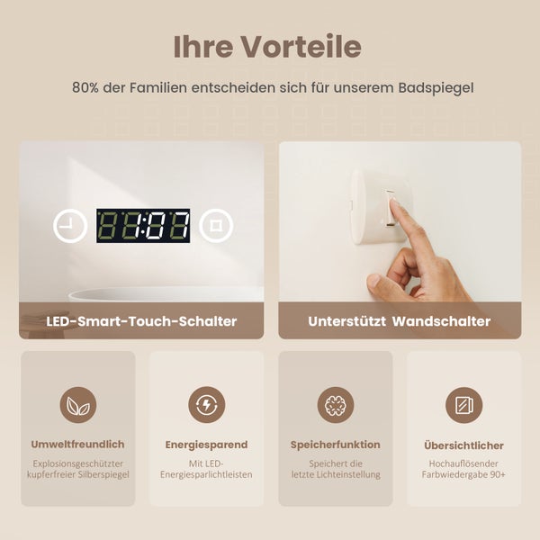 EMKE LED Badspiegel mit Beleuchtung 100 x 60 cm, 3 Lichtfarben mit Touchschalter, LCD-Zeitdisplay, 3x Vergrößerung, IP44, für Bad