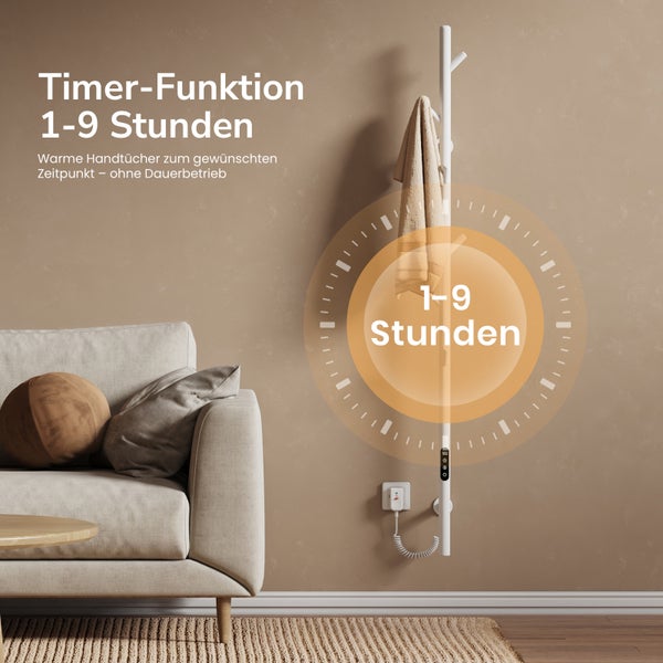 Elektrischer Handtuchheizkörper mit Timerfunktion für ein bis neun Stunden zur individuellen Wärmeregulierung im Wohnraum oder Badezimmer.