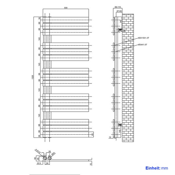 EMKE Designheizkörper, Badheizkörper Flach 1320x500 mm Anthrazit, Handtuchwärmer für Badezimmer Handtuchtrockner, Panel Handtuchhalter Seitenanschluss für Wasser 661W