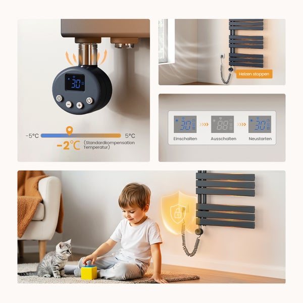 Intelligenter elektrischer Handtuchwärmer mit digitaler Steuerung, Kindersicherung und verschiedenen Funktionsanzeigen