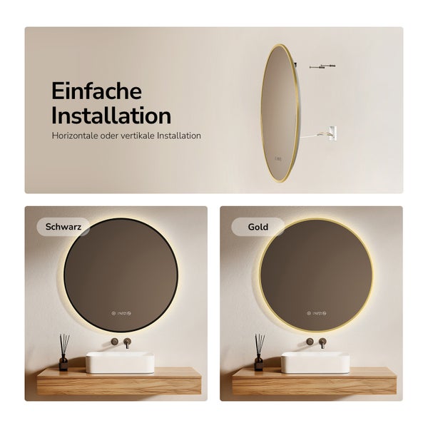 Runder LED-Badezimmerspiegel mit digitaler Uhranzeige, erhältlich mit schwarzem oder goldenem Rahmen. Abbildungen zur Wandmontage.