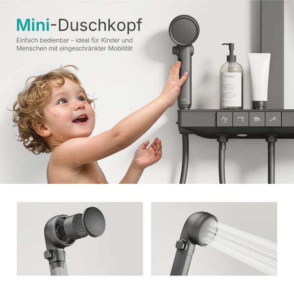 Mini-Duschkopf neben Kind montiert an Duschsystem mit Shampoo und Symbolen zur einfachen Bedienung