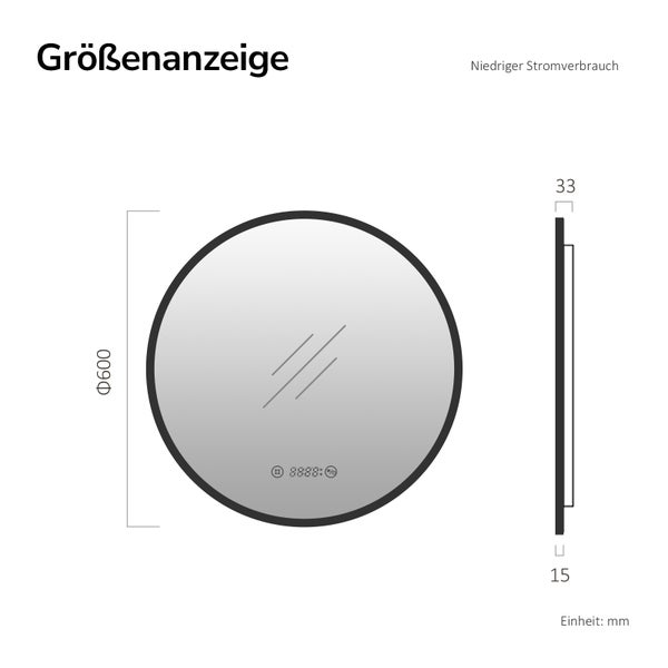 Größenangabe für einen runden Spiegel mit den Maßen 600 mm Durchmesser und 33 mm Tiefe