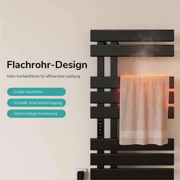 Schwarzer Handtuchheizkörper mit Flachrohr-Design, digitalem Display mit 55 Grad Anzeige und einem hängenden Handtuch mit Dampf.
