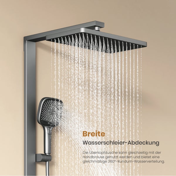 EMKE Duschsystem mit Thermostat, LED-Temperaturanzeige, Regendusche 36 x 24 cm, 4 Strahlarten, höhenverstellbare Brausestange, Anthrazit Matt