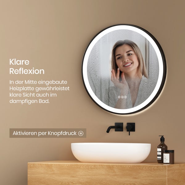 EMKE Badspiegel mit Beleuchtung LED-Spiegel mit Touchschalter ф50cm,  rund, Anti-Beschlag, 3 dimmbare Lichtfarben