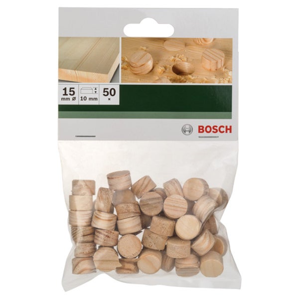 Holzstopfen von Bosch, Durchmesser 15 Millimeter, Packung mit 50 Stück zur Reparatur von Astlöchern und Holzfehlern.