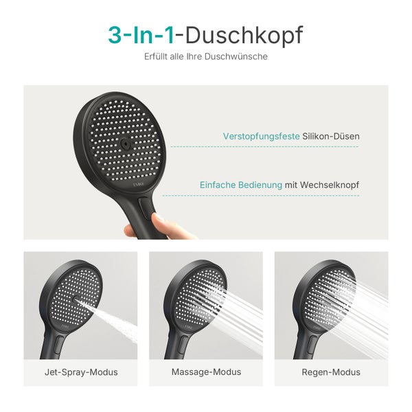3-in-1 Duschkopf mit verschiedenen Strahlarten: Jet-Spray-Modus, Massage-Modus und Regen-Modus.