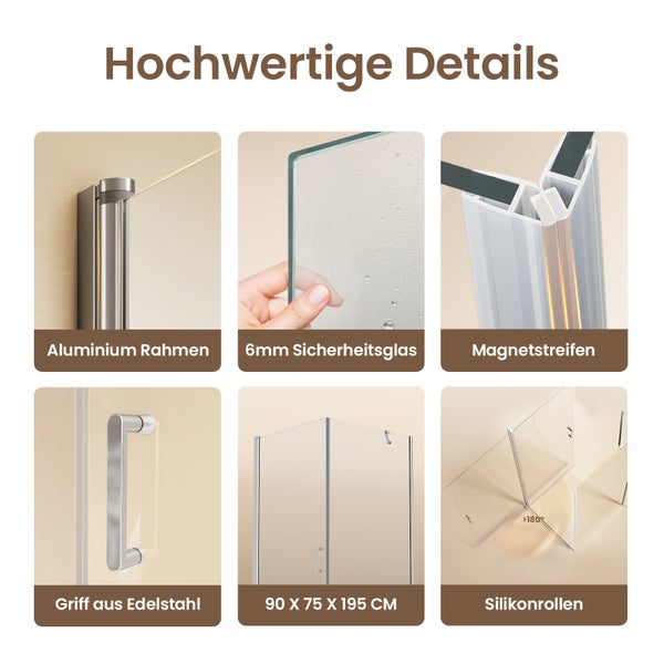 EMKE Duschkabine Eckeinstieg 75 x 75 cm Pendeltür mit Drehtür & Seitenwand, 6 mm ESG Sicherheitsglas, teilgerahmt, pflegeleicht, Höhe: 195 cm