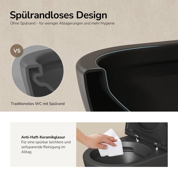 Vergleich zwischen spülrandlosem Design und traditioneller Toilette mit Spülrand sowie Reinigung der Anti-Haft-Keramikglasur mit einem Tuch.