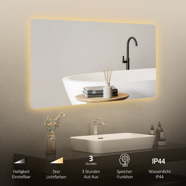 EMKE LED Badspiegel 100x60 cm, Touchschalter, 3 Lichtfarben einstellbar, Helligkeit dimmbar, IP44, rostfreier Spiegel, horizontal/vertikal montierbar, für Bad