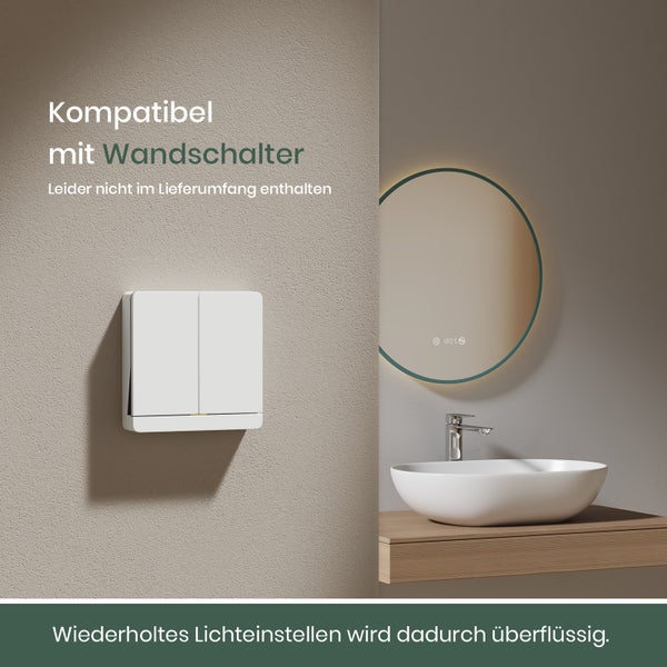 EMKE Badezimmerspiegel mit Beleuchtung Ø 60 cm, 4300K Neutralweiß, mit Touchschalter, LED-Uhr- und Temperaturanzeige,  Anti-Beschlag, elegantem grünem Rahmen, Wandspiegel für das Badezimmer