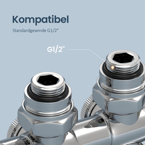 EMKE Heizkörperthermostat Multiblock-Set – Anschlussarmatur mit Thermostat für Heizkörper und Handtuchtrockner, Heizungszubehör in Eck- und Durchgangsform φ16xG1/2, Chrom