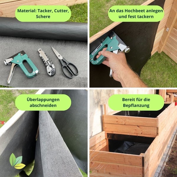 Anleitung zur Montage der Hochbeetfolie mit Tacker, Cutter und Schere im Hochbeet aus Holz.