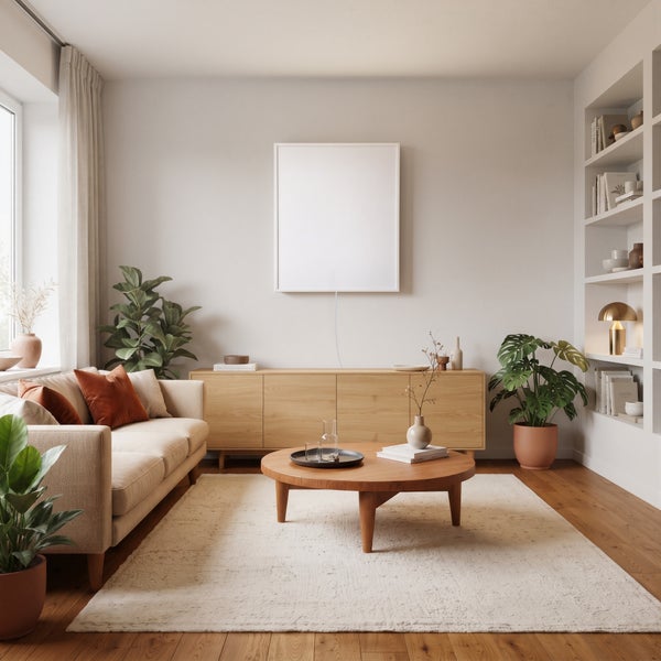 Helles, modern eingerichtetes Wohnzimmer mit Sofa, Holzanrichte, rundem Couchtisch, Pflanzen und integriertem Regal mit Dekoration.