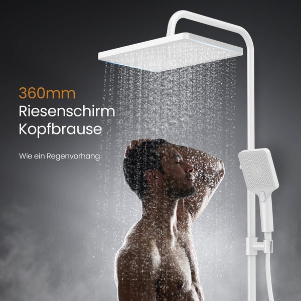EMKE Duschsystem mit Thermostat, 3 Strahlarten, Überkopfbrause & Handbrause, Verbrühungsschutz, Wandmontage, 114,6 x 45 x 48 cm, mattweiß