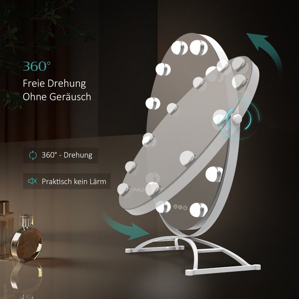 EMKE Hollywood Schminkspiegel Ø40 cm, LED-Tischspiegel mit Touch-Funktion, 9 dimmbare Leuchtmittel, 3 Lichtfarben, 7x Vergrößerung, Memory-Funktion, 360° drehbar, bohrfrei, Weiß – für Schminktisch & Schlafzimmer