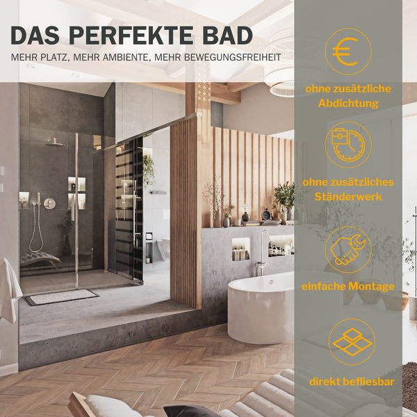 Modernes Bad mit bodengleicher Dusche und Badewanne. Infografik zeigt Vorteile: ohne zusätzliche Abdichtung, kein Ständerwerk, einfache Montage.