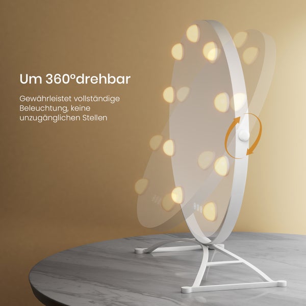 Ein runder Kosmetikspiegel mit Beleuchtung, der sich um 360 Grad drehen lässt, um eine vollständige Ausleuchtung zu gewährleisten.